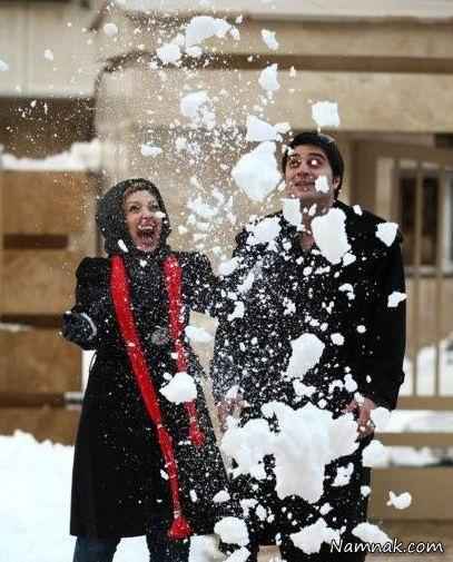 نیوشا ضیغمی در حال برف بازی با همسرش ، نیوشا ضیغمی در جشنواره فیلم فجر ، همسر نیوشا ضیغمی