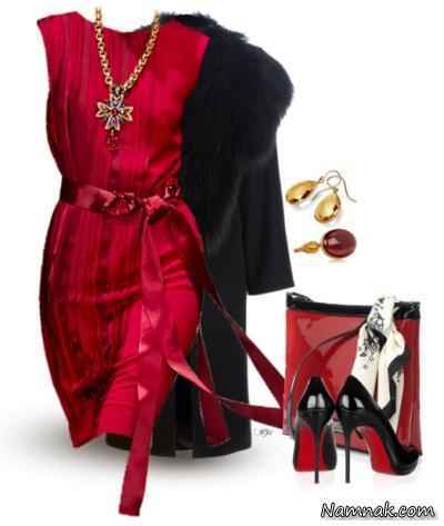 ست لباس مجلسی مشکی و قرمز زمستانی ، ست لباس مجلسی زنانه ، آخرین مد لباس مجلسی دخترانه