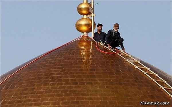 غبار روبی و شستشوی گنبد حرم امام رضا