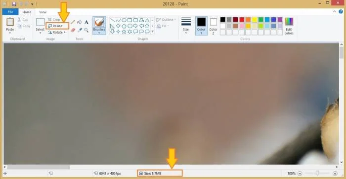 بر روی resize کلیک کنید کاهش حجم عکس