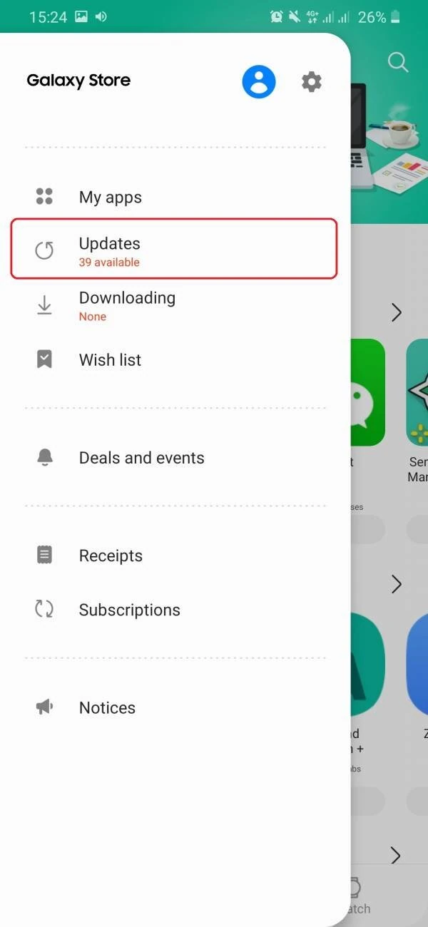 گزینه Updates را انتخاب کنید آپدیت برنامه های سامسونگ