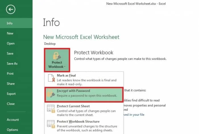 قفل گذاری روی فایل اکسل از بخش Encrypt with password قفل گذاری اکسل