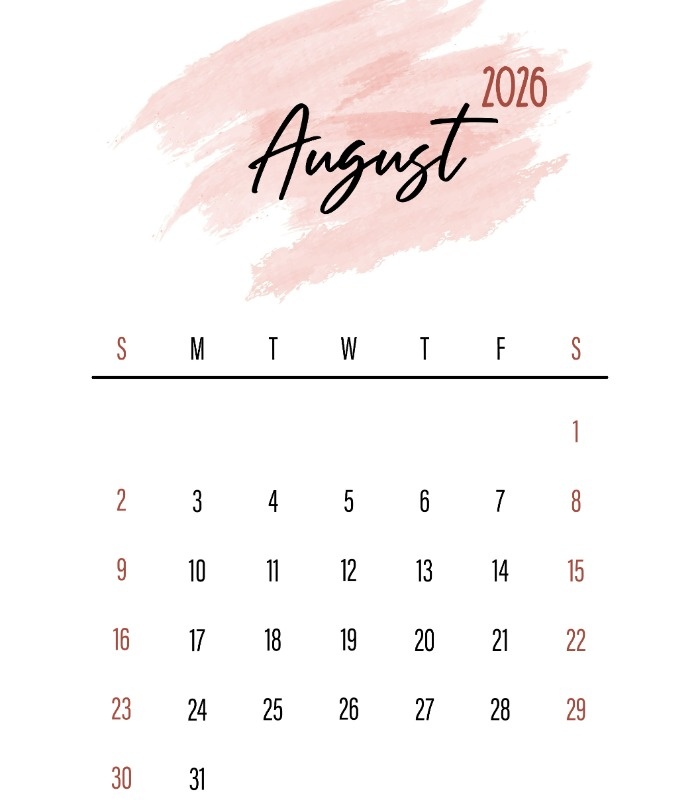 تقویم آگوست ۲۰۲۶