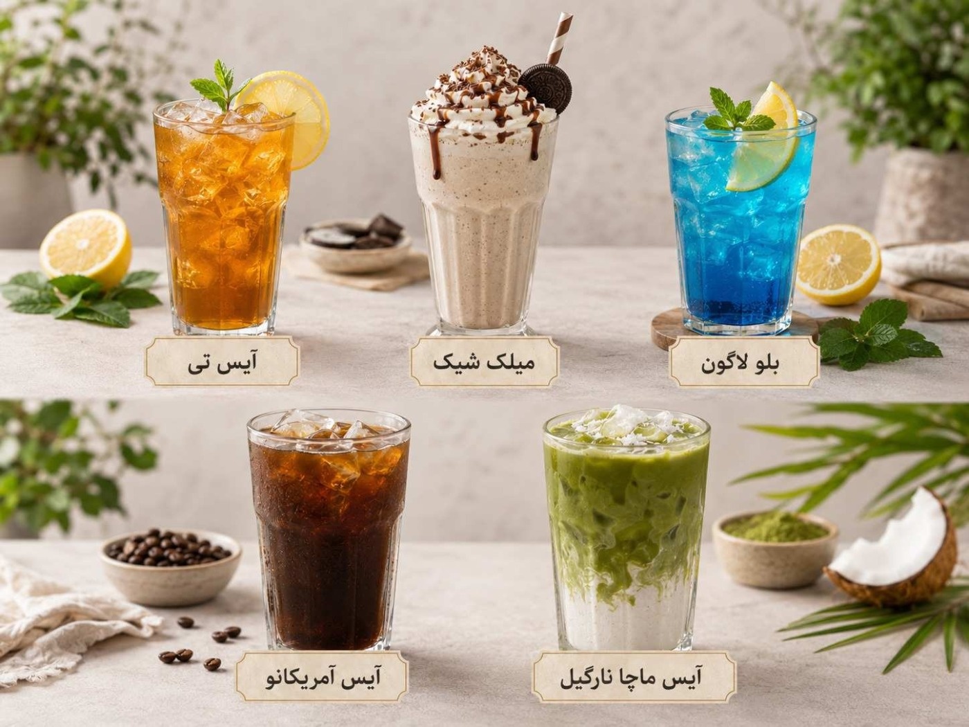 اسم نوشیدنی های باکلاس سرد و تابستانی کافی شاپ 2026 (لیست بهترین ها) نوشیدنی های سرد باکلاس شامل آیس تی، میلک شیک، بلو لاگون، آیس آمریکانو و آیس ماچا نارگیل