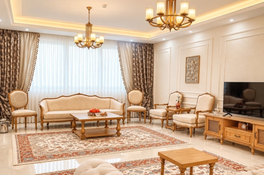 چیدمان مبلمان هفت نفره چیدمان در پذیرایی مستطیل شکل