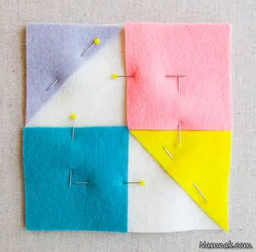 قرار دادن پارچه های رنگی روی پارچه سفید چگونه زیر لیوانی نمدی زیبا بسازیم