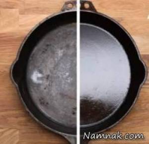 تميز كردن ظروف چدن ، تميز كردن قابلمه چدن سوخته