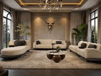 دکوراسیون نشیمن مدرن با مبل راحتی کرم‌رنگ و چیدمان لوکس