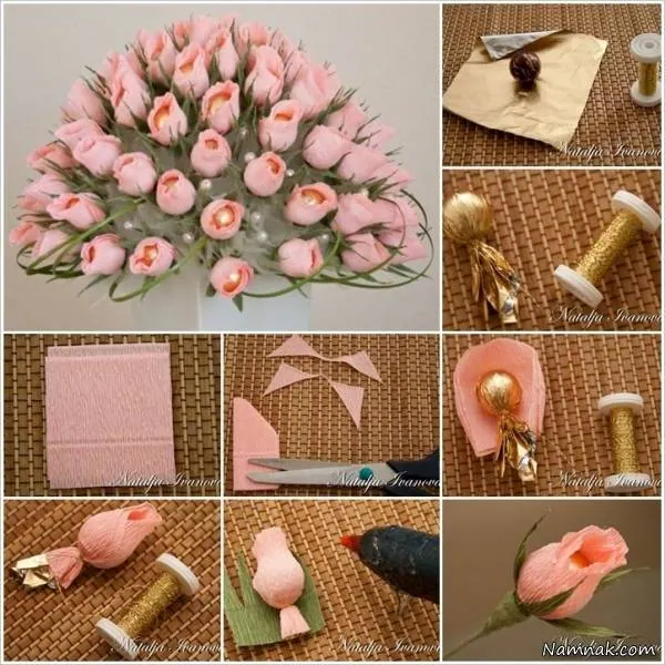 دسته گل رز با کاغذ کشی