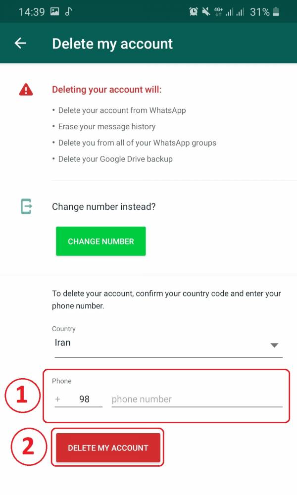 حذف اکانت واتساپ