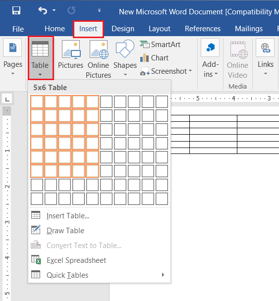 جدول در ورد