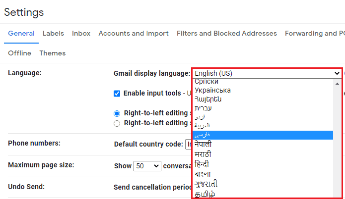 تغییر زبان جیمیل