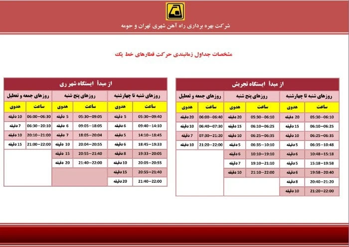 زمانبندی خط 1 متروی تهران