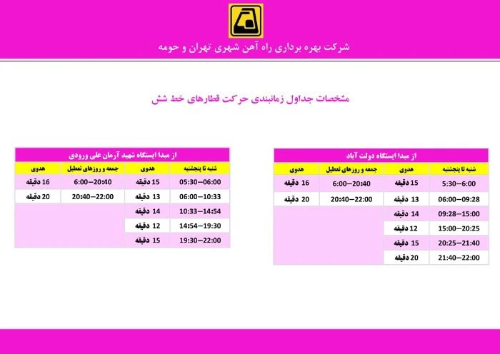 زمانبندی خط 6 متروی تهران