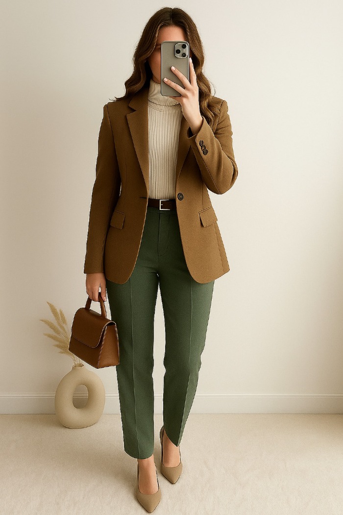 لباس رنگ بژ با سبز زیتونی