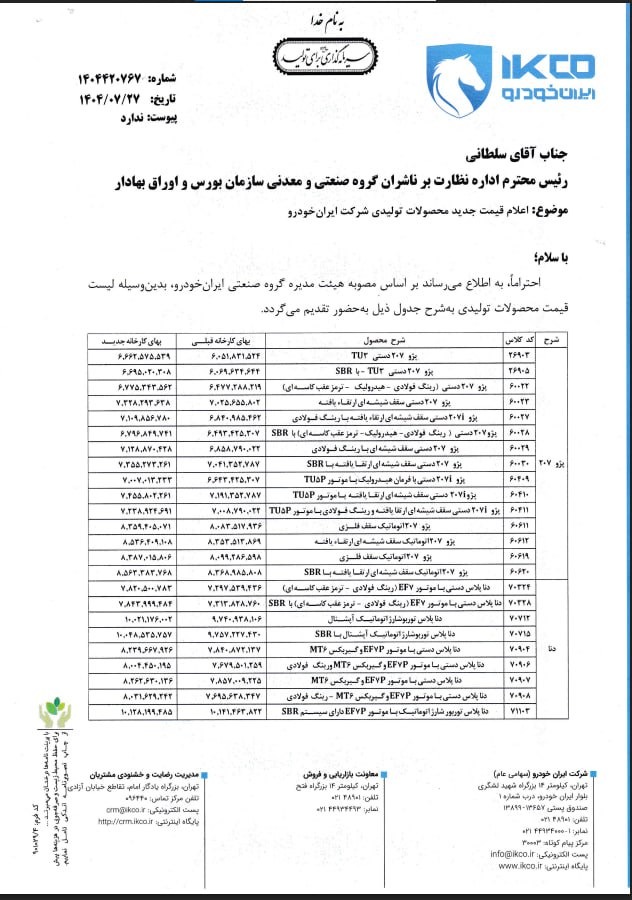 قیمت جدید محصولات ایران خودرو