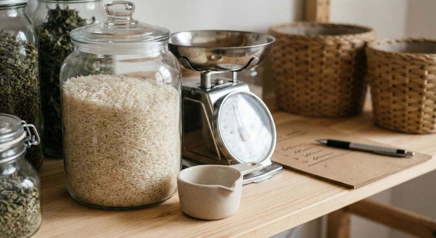 چیدمان ساده و مرتب برنج در آشپزخانه با ابزار اندازه‌گیری برای نمایش خرید و مصرف اقتصادی خانواده‌ها