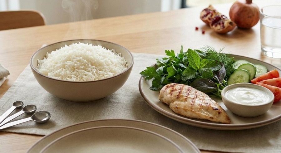 چیدمان یک وعده غذایی متعادل ایرانی با برنج ، برای نمایش مفهوم مصرف درست برنج