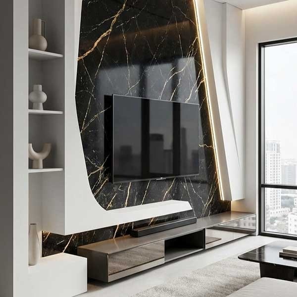 طرح ترکیبی کناف و سنگ اسلب مشکی برای دکور تلویزیون