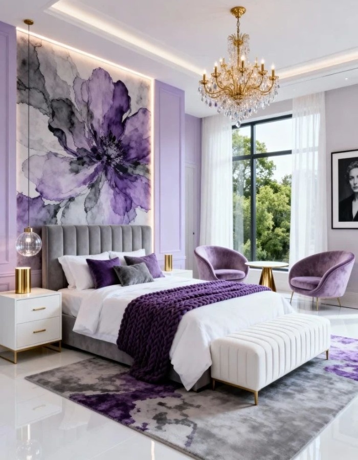 اتاق خواب سفید و بنفش