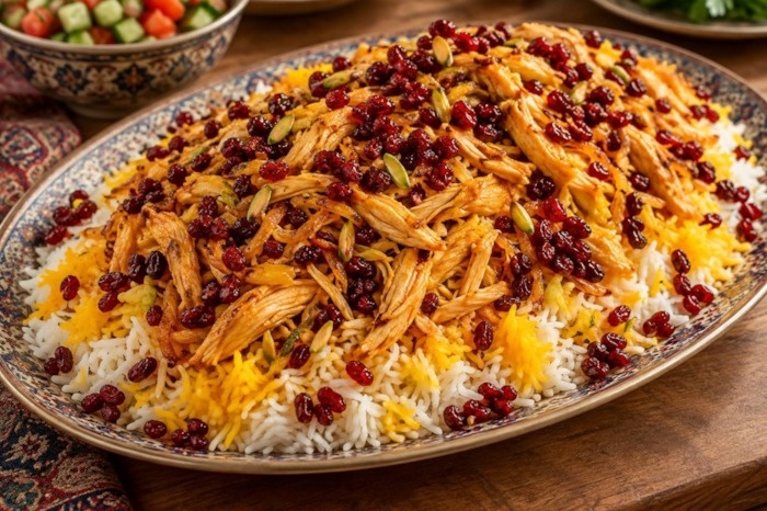 زرشک پلو با مرغ ریش ریش