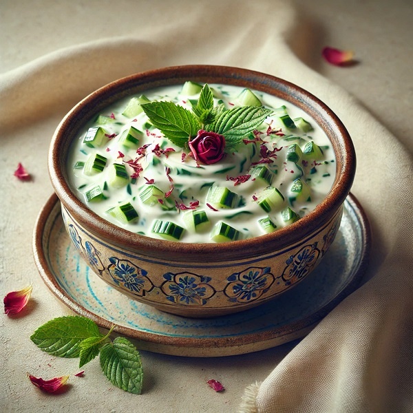 ماست و خیار مجلسی غلیظ با گردو، کشمش و گل محمدی