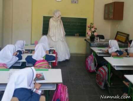 معلم مدرسه با لباس عروس 